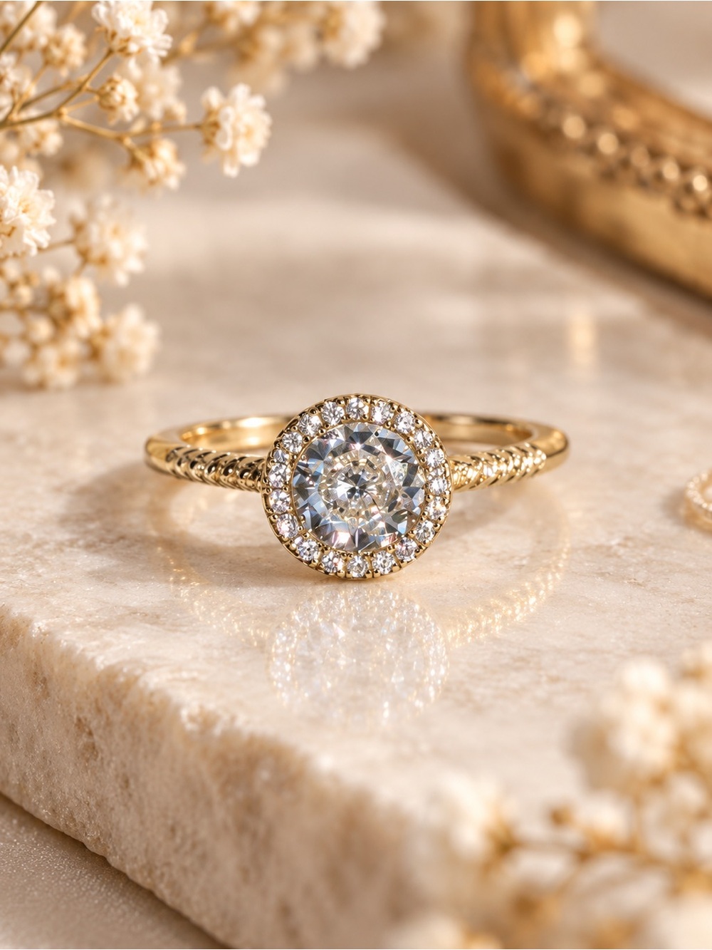 Gold Tone Round Halo Crystal Engagement Cocktail Adjustable Ring